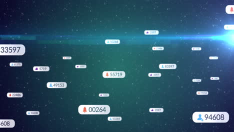 animación de cursores sobre iconos de redes sociales y números en banderas blancas y estrellas en el cielo nocturno