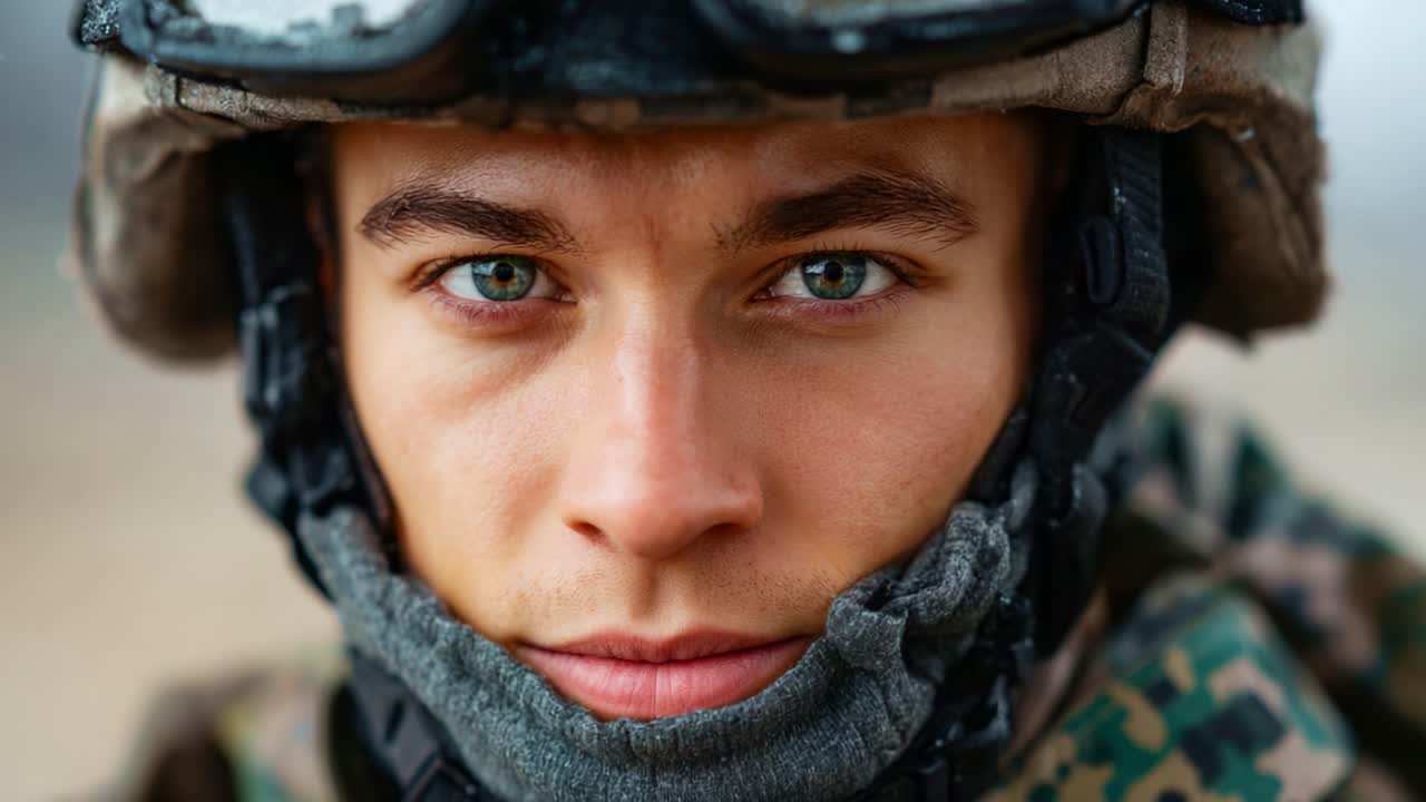 Close-Up of a Young Soldier Wearing Military Gear, Displaying Determination and Focus Amid a Challenging Environment with Reflective Eyes and Camouflage Background