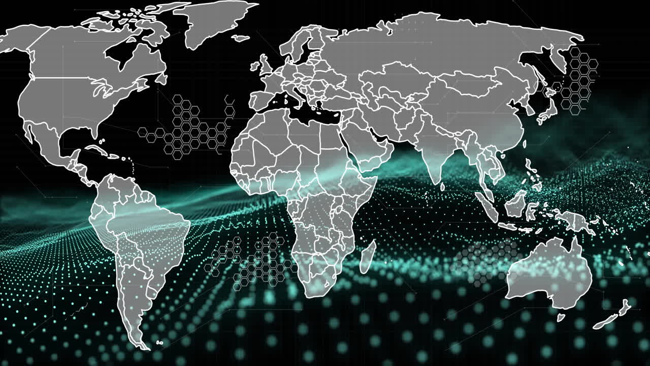 World map with digital data points and wave animation