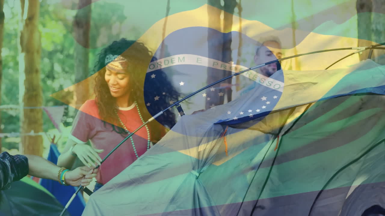 Setting up tent in forest, people with Brazilian flag overlay, creating animation