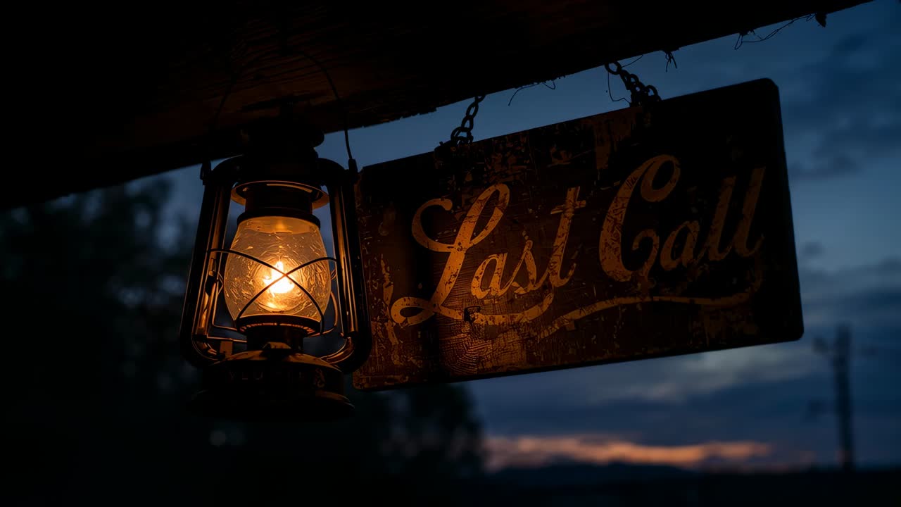 Flickering lantern flame making Last Call metal sign lettering clearer under wooden beam at dusk