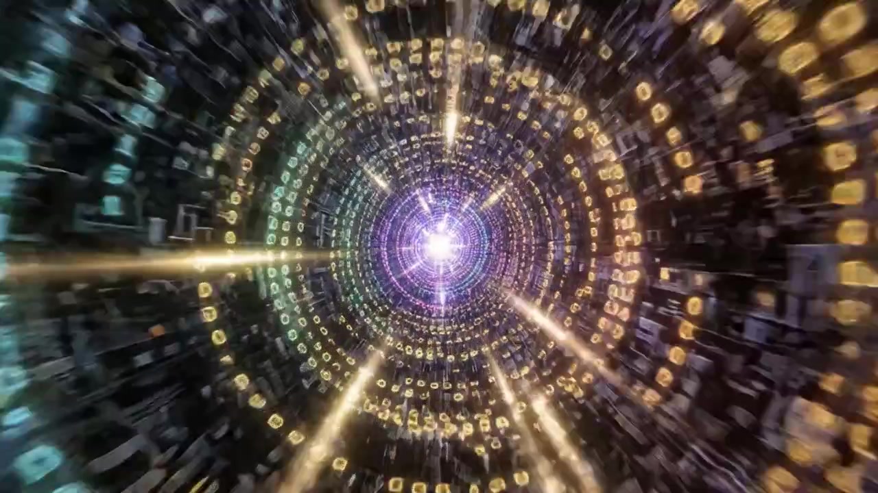 En rejse gennem en levende digital tunnel af lys og farver, pulserende med strålende energi og glimt af binær kode i et dynamisk virtuelt miljø