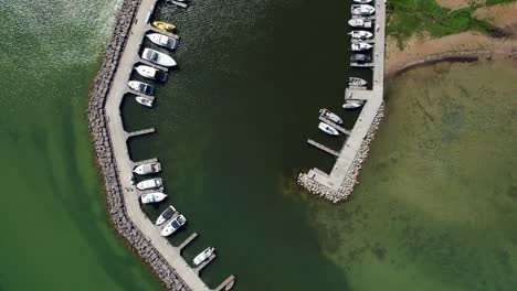 birdseye drone view of a marina in door county, wisconsin