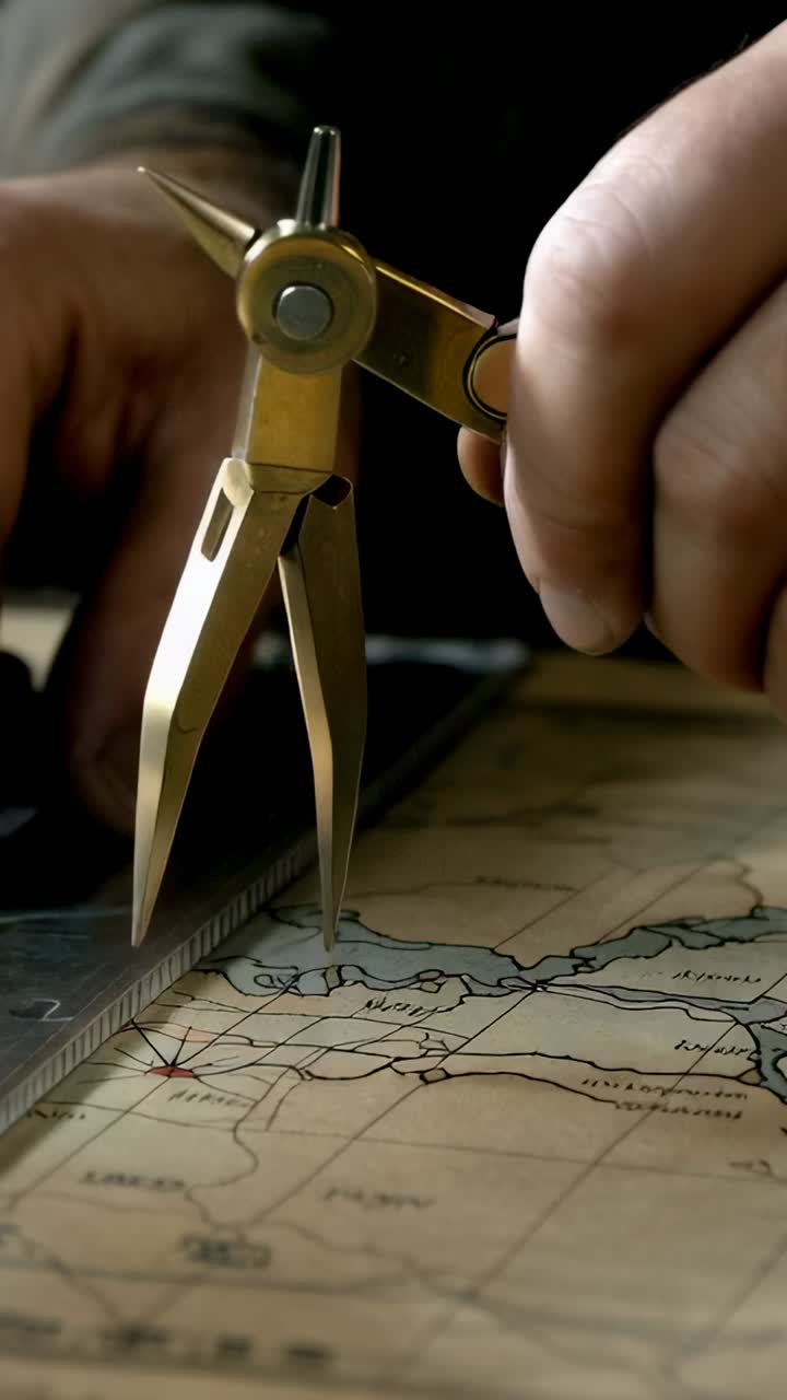 Vertical video: Hand anchoring brass compass on map red mark with ruler, plotting route at desk