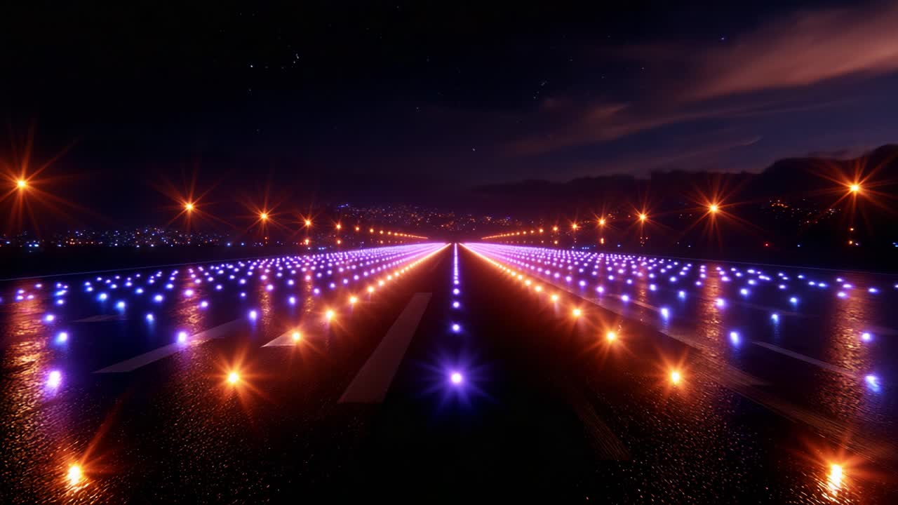 Stunning Nighttime Runway Illuminated by Vibrant Colored Lights, Creating a Captivating Scene of Aesthetic Visual Contrast and Depth, Perfect for Aviation Enthusiasts and Those Who Appreciate Beautiful Landscapes