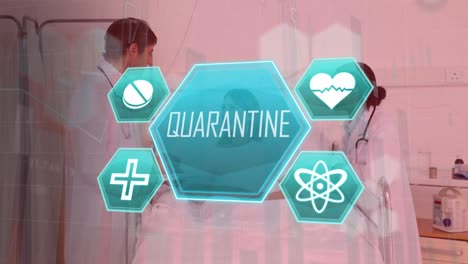 animation of quarantine and icons over caucasian female and male doctors and patient