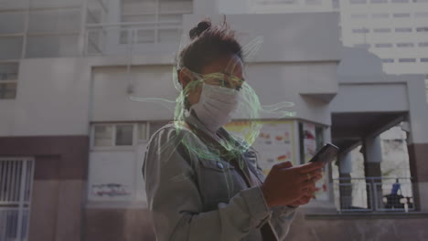 animation of covid 19 cells moving over woman in face mask