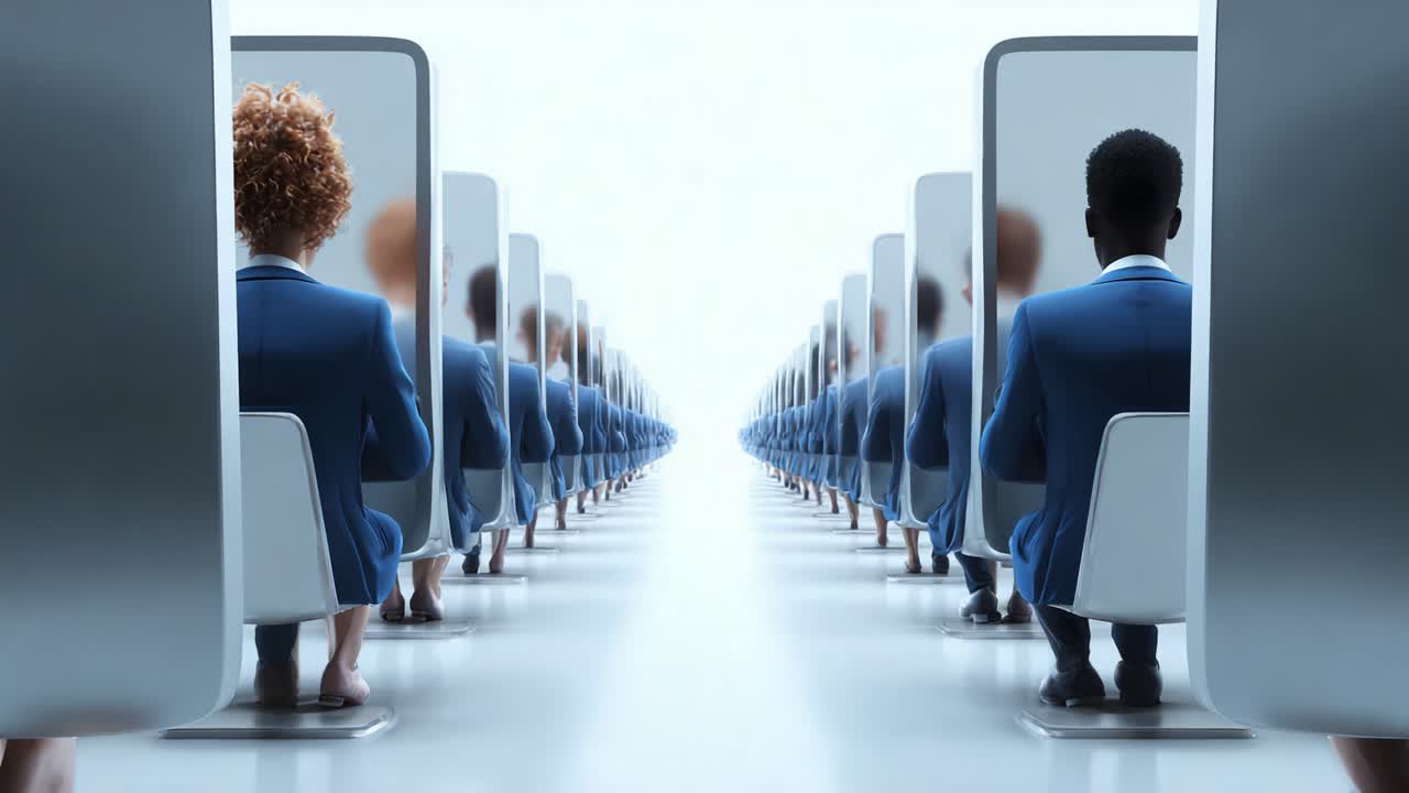 A Surreal Perspective of a Sea of Professionals Seated in Uniform Chairs, Facing Various Screen Displays in a Minimalist White Environment, Reflecting Modern Workplace Dynamics