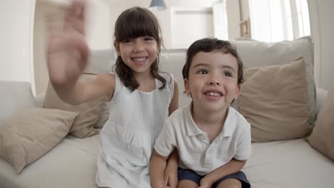 two cheerful playful kids having video call