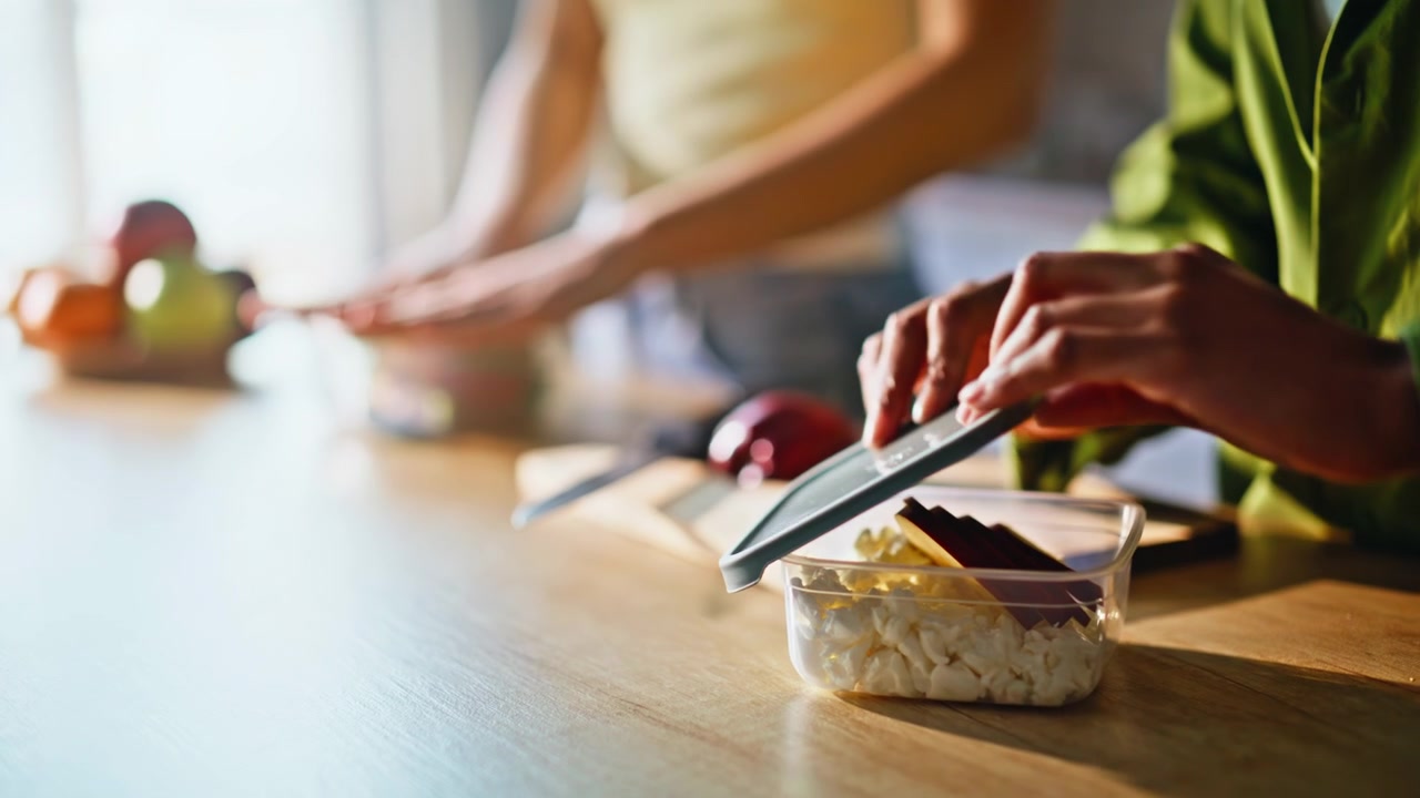 Primo piano di mani che preparano un pranzo sano in cucina. Preparazione pasti: panino, frutta, cibo