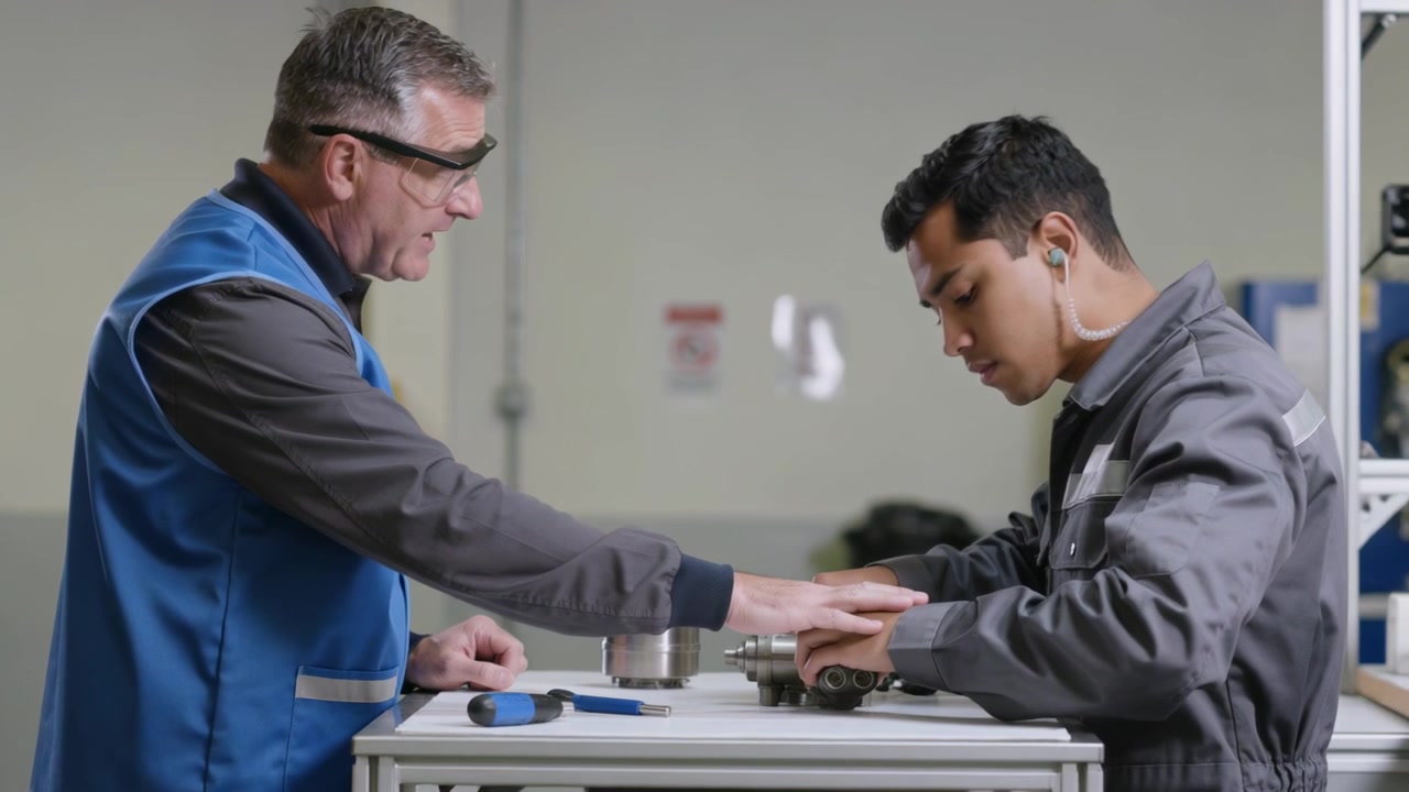 Leaning blue vest instructor guiding gray coverall trainee assembling metal part at bench, aligning