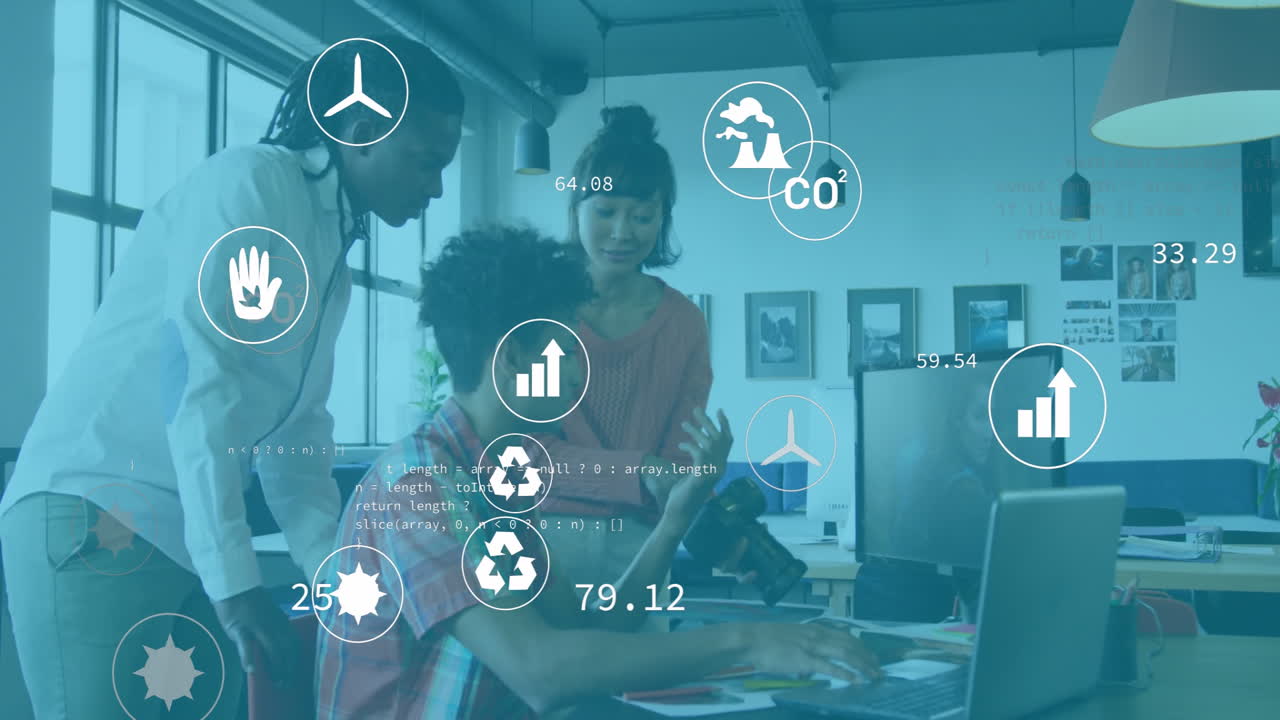 Discussing environmental data, diverse team in office with sustainability animation icons