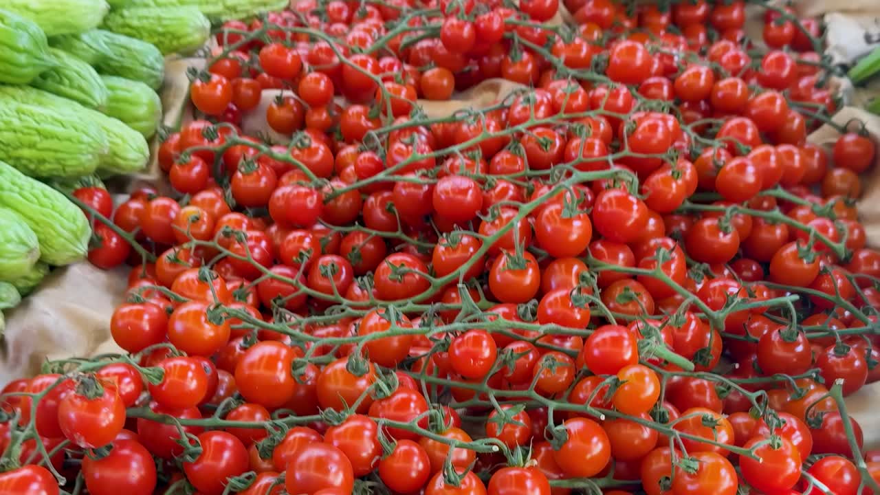 A vibrant display of tomatoes and bitter melons at a bustling market stall with engaging vendors.