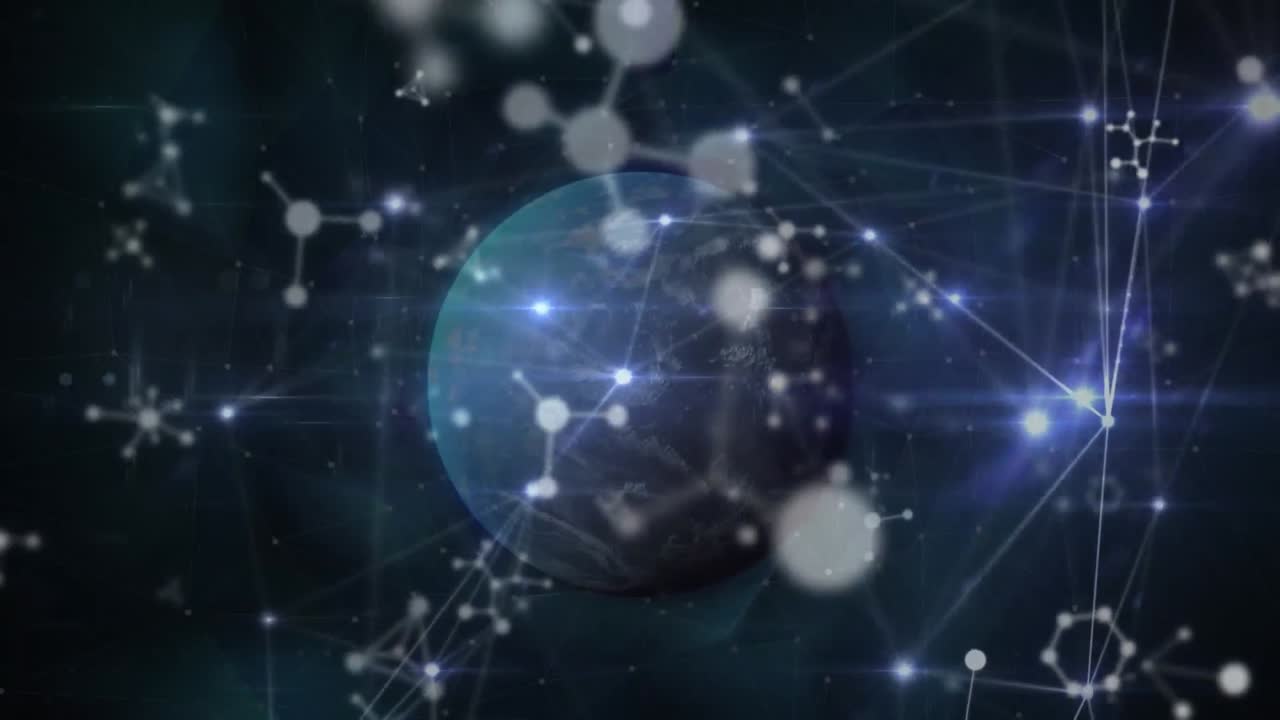파란색 배경에 대한 지구상의 연결 네트워크와 분자 구조의 애니메이션