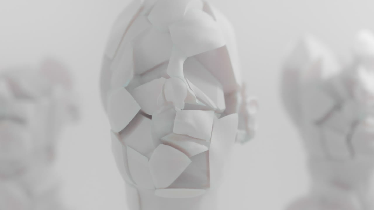 Three crushed android heads on spikes in white space