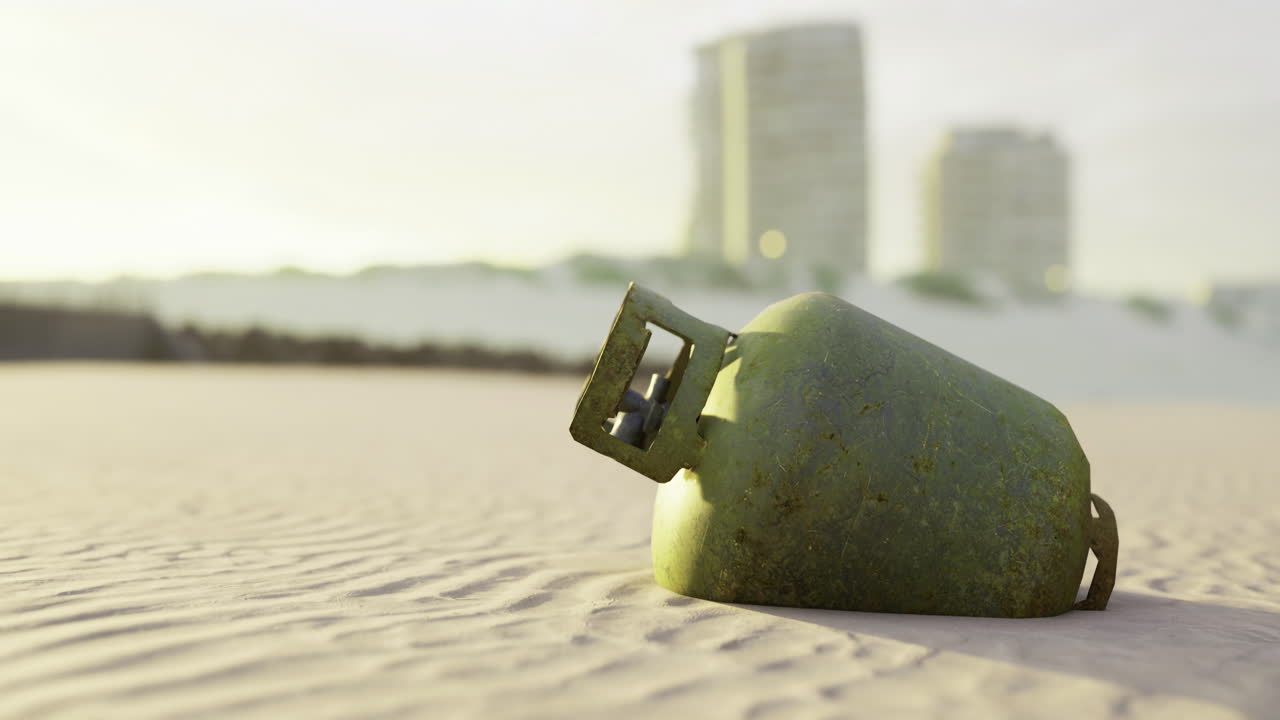 Green gas cylinder rests on sandy beach at sunset with distant buildings
