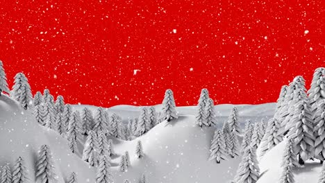 Animation-of-winter-scenery-with-fir-trees-on-red-background