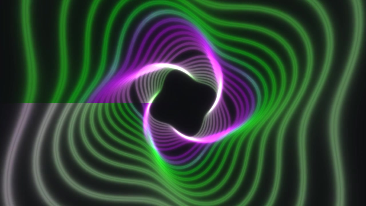 Onde di luce colorata si muovono e turbinano in uno spazio buio. Colori vivaci si fondono e contrastano, formando un motivo fluido. Le luci si muovono in modo ritmico, creando un senso di profondità e movimento