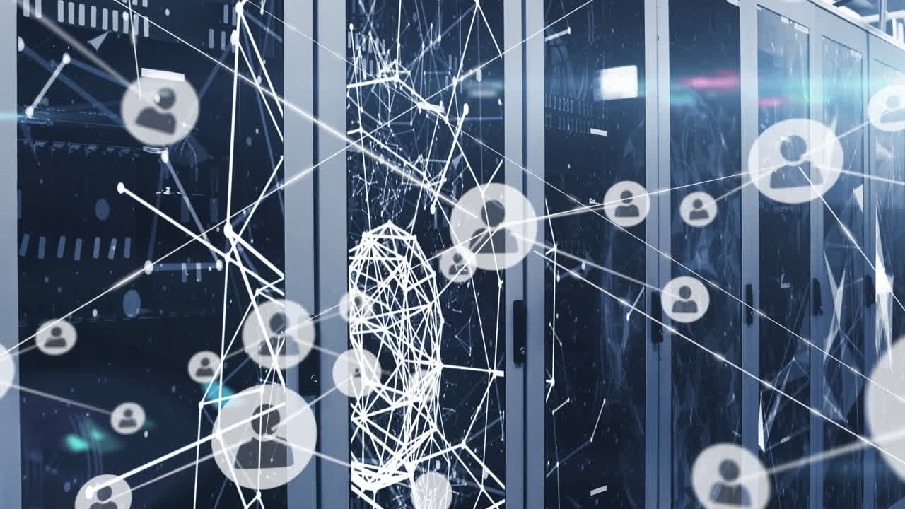 Animation of network of connections with icons over servers