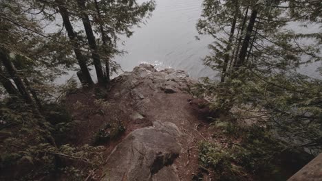 Hiking-trail-in-Anmore-Buntzen-Lake-recreation-area-park-leading-through-green-trees-vegetation-moss-POV-hiking-wide-angle-panning-up-from-rocks-on-ground-to-revealing-lake-mountain-range-stabilized