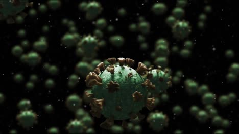 Múltiples-Células-Covid-19-Y-Partículas-Blancas-Flotando-Contra-El-Espacio-De-Copia-Sobre-Fondo-Negro