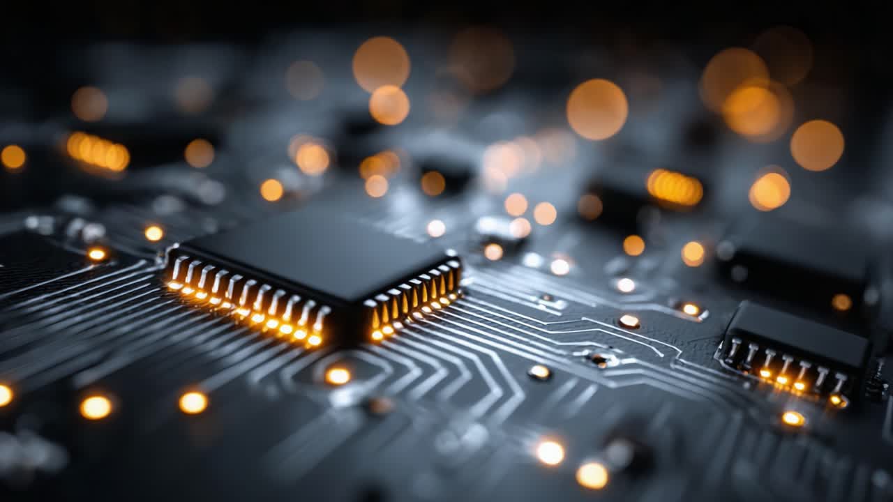 Close-Up View of a Circuit Board with Microchips and Glowing LED Lights: A Beautiful Exploration of Modern Technology and Electronics