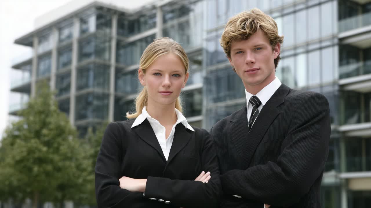 Confident Young Professionals Posing Together in Formal Attire Against a Modern Urban Background