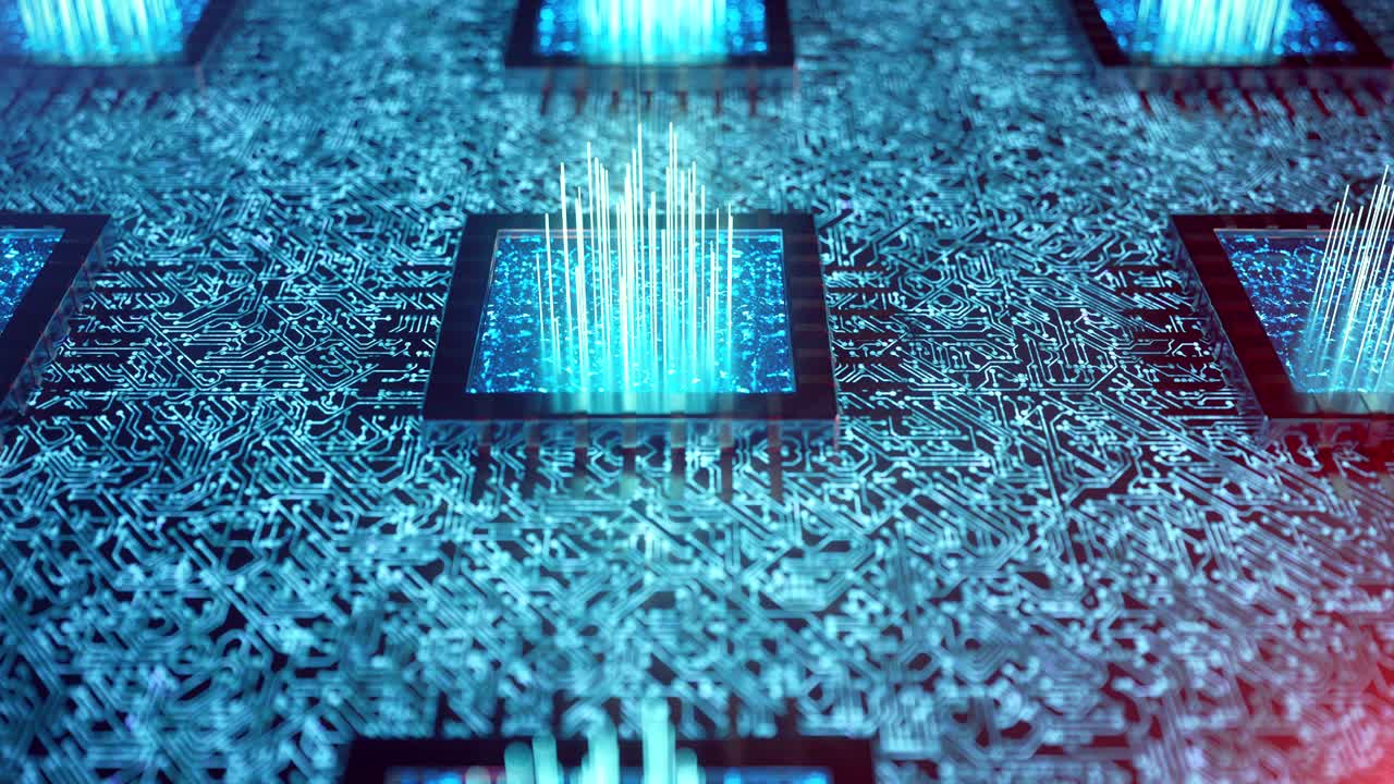 AI artificial intelligence CPU concept. Machine learning. CPUs on the board with flickering tracks. Looped animation. Background scientific concept in blue light. 3D animation