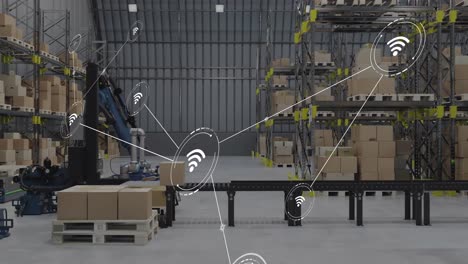 Animation-of-network-of-conncetions-with-icons-over-boxes-on-conveyor-belt-in-warehouse