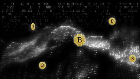 animation of bitcoin currency icons financial data processing over binary coding