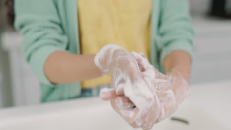 jabón de lavado, manos de mujer y fregadero de cocina