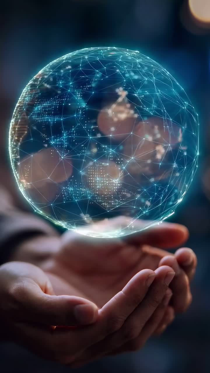 Globo futurista en las manos, vista de ángulo bajo, concepto de red digital, ideal para videos de tecnología.