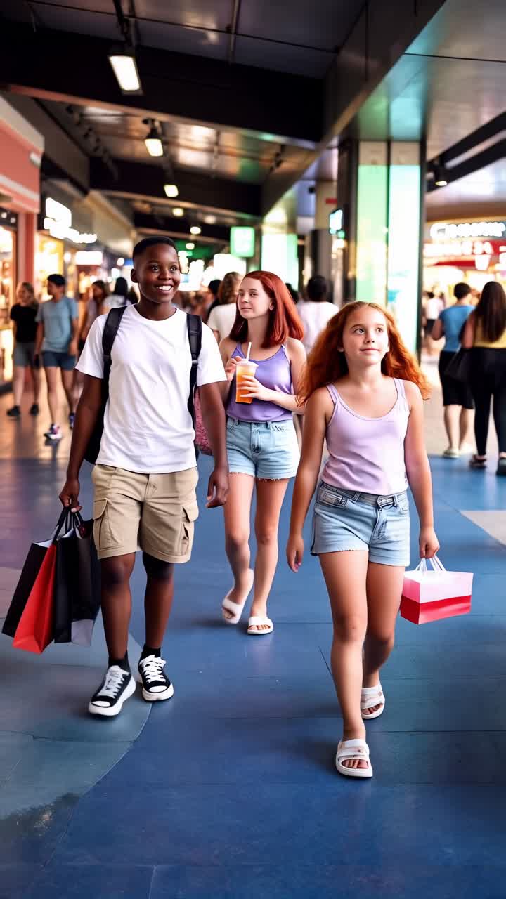 A group of teenager are walking through a mall, some of them carrying shopping bags.