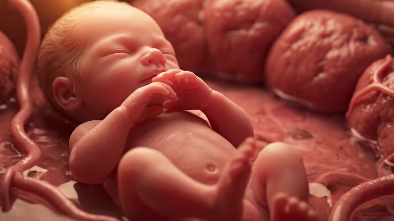 Una rappresentazione artistica unica di un neonato circondato da caratteristiche anatomiche, che evidenzia il momento della nascita in un ambiente surreale ma intimo.