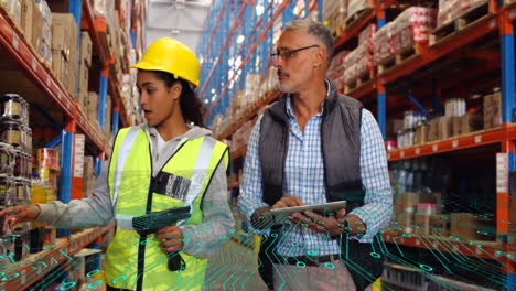 warehouse workers using digital tablets with data processing animation overlay