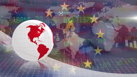 animazione di globo digitale, mappa, schema a griglia e ticker del mercato azionario sopra la bandiera dell'unione europea
