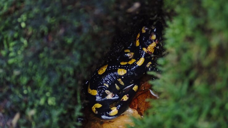 Salamandra pezzata nascosta in un bosco muschioso, che si sente al sicuro e tranquilla all'aperto