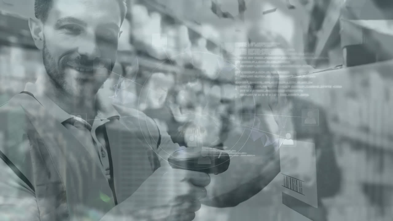 paquete de escaneo de trabajador de almacén con globo digital