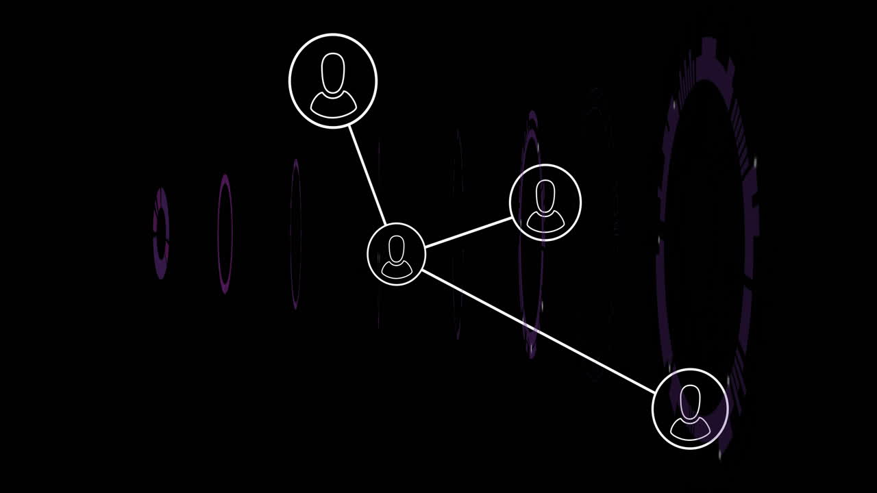 Connected user icons and circular patterns creating animation on dark background