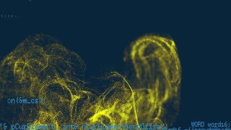 Animation of programming code overlay on yellow abstract shapes, dark background