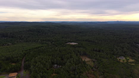 Vista-De-Pájaro-De-Edificios-Dispersos-En-El-Bosque-De-Oregon-Cerca-De-Bandon---Toma-Aérea-De-Drones