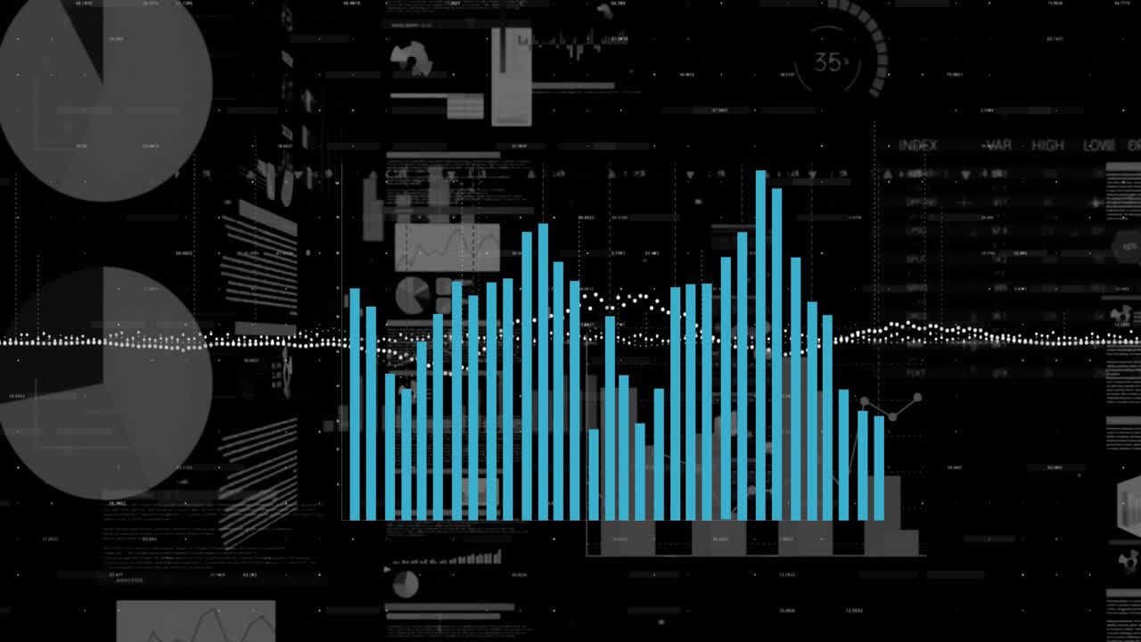 Animation of statistical data processing against black background