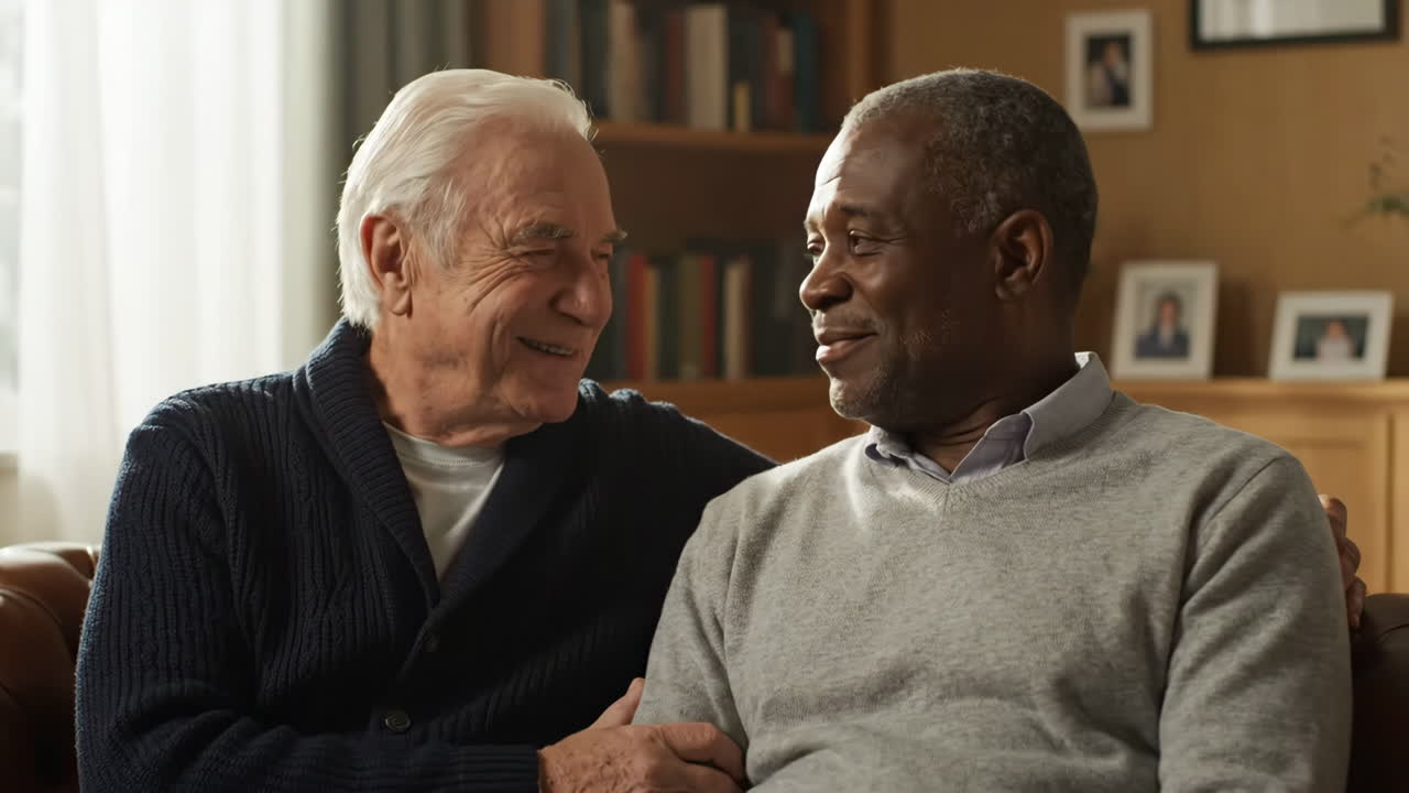 Two older men smiling and sharing a warm moment