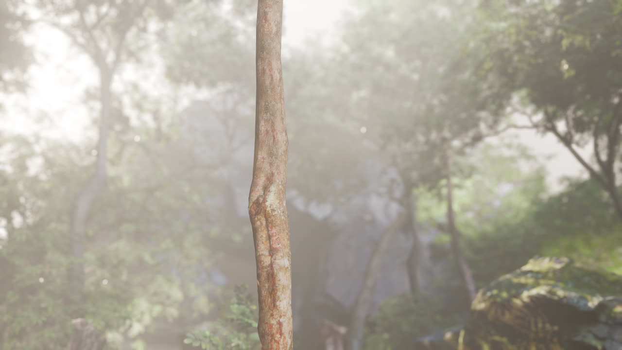 안개 숲 에 있는 나무 줄기 의 클로즈업
