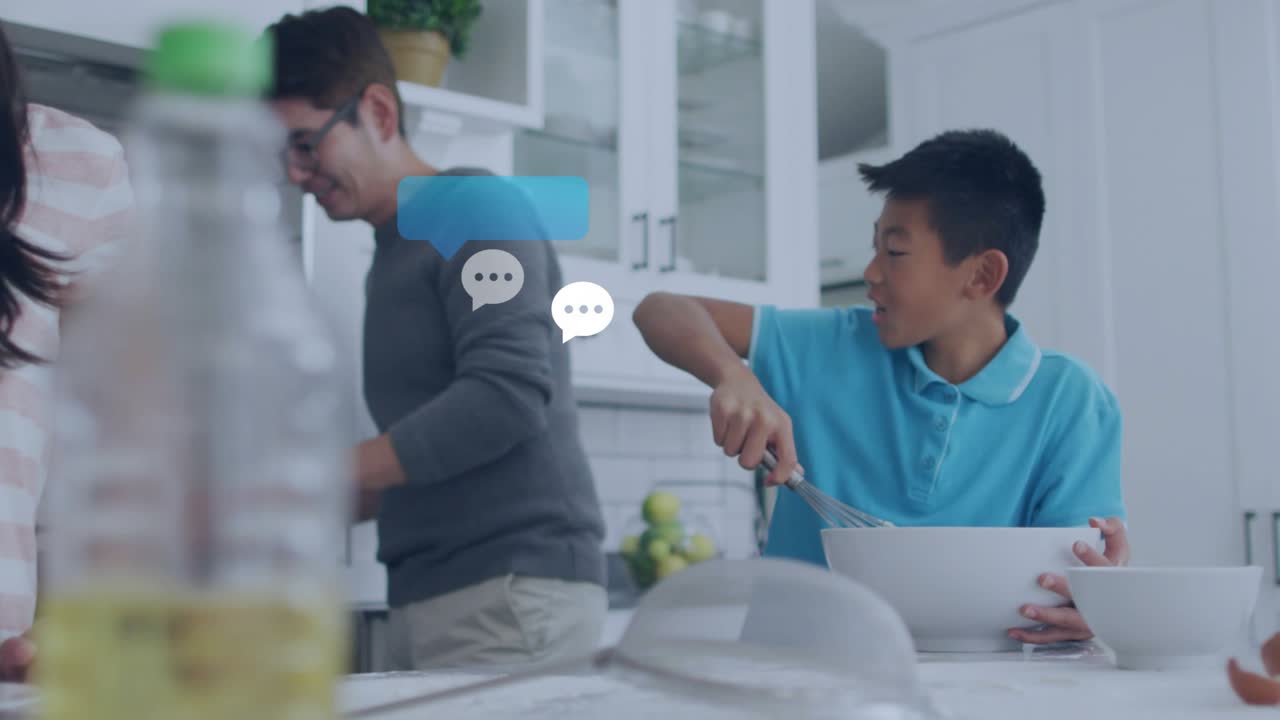 Cooking duo whisking batter and turning pan sparking chat bubbles representing conversation