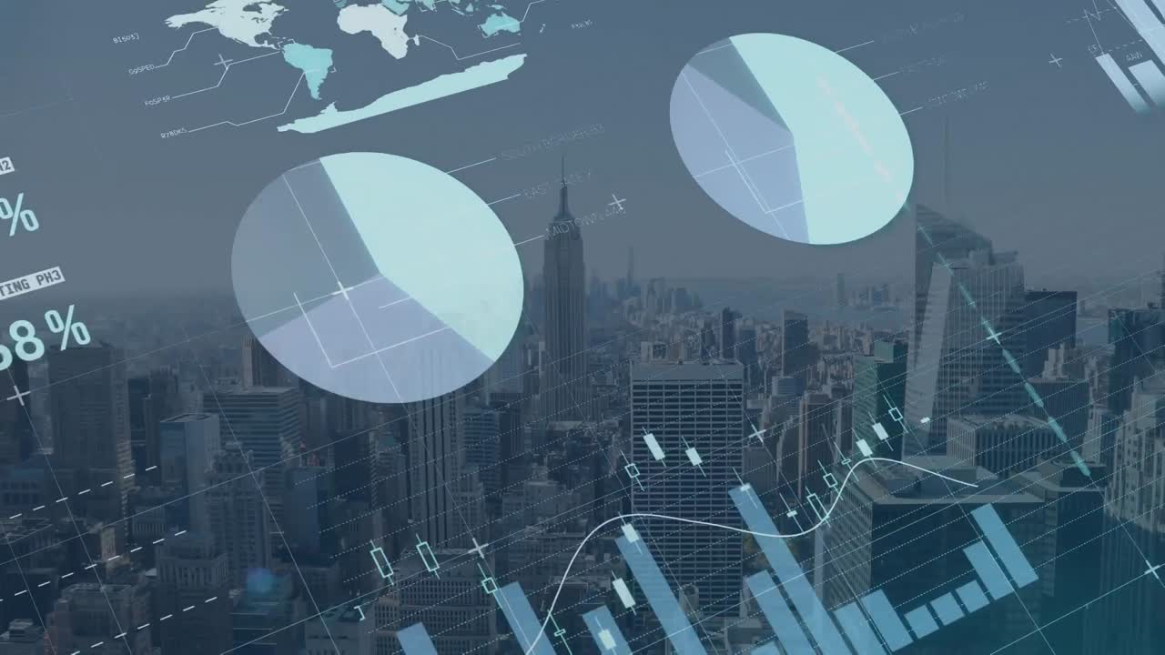 Animation of statistical data processing over grid network against aerial view of cityscape