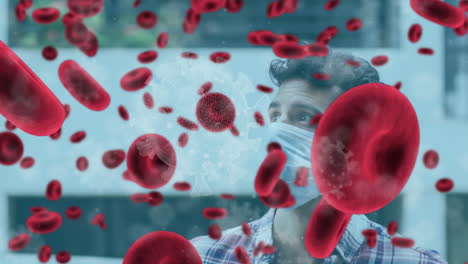 animación de células de coronavirus sobre un hombre que usa una máscara facial