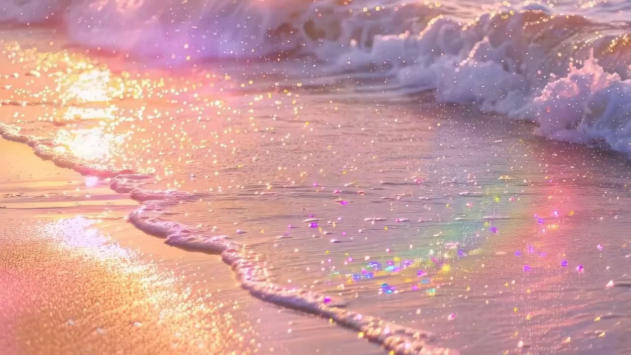 A dreamy, low-angle video shot of waves gently washing over a sparkling, colorful beach at sunset