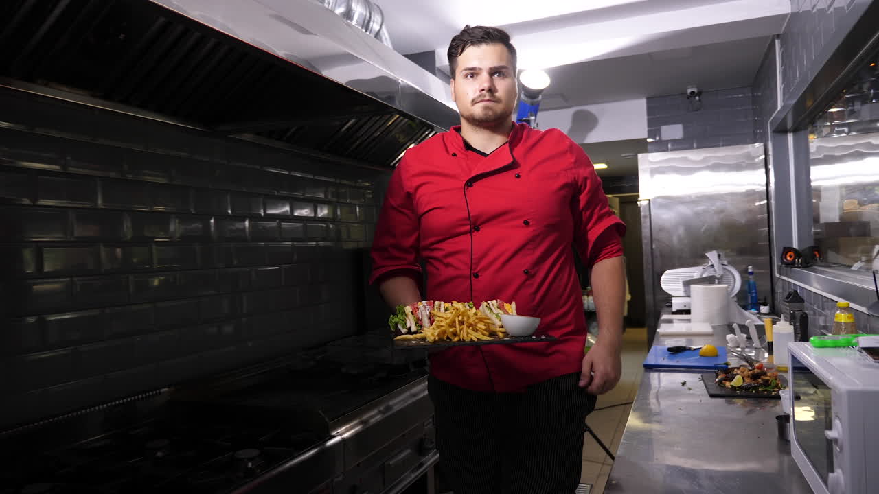 Chef holding a plate of food in a kitchen