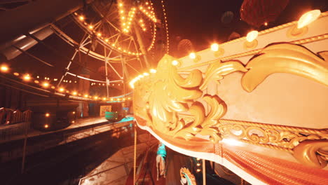 empty amusement park at night with glowing lights and quiet rides